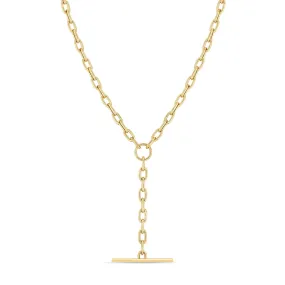 14k Gold Medium Square Oval Link Faux Toggle Lariat Necklace