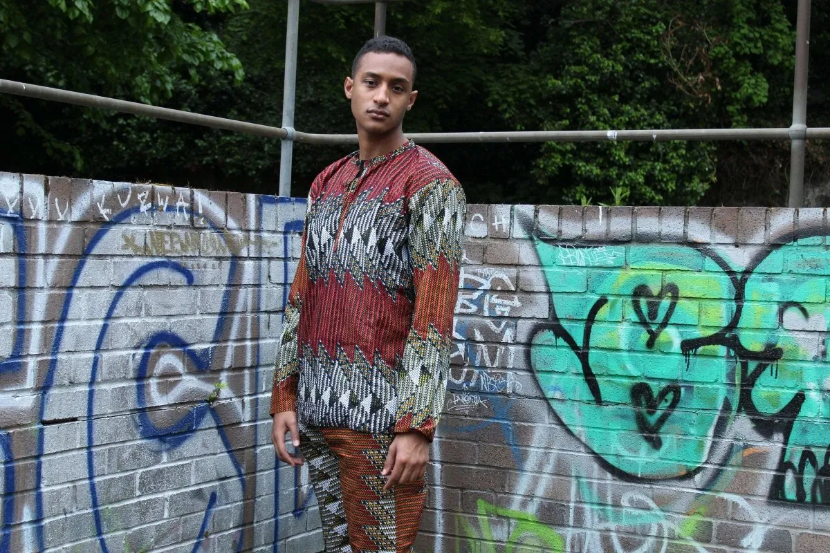 African Suit in Orange Red Print - Aztec Festival Outfit