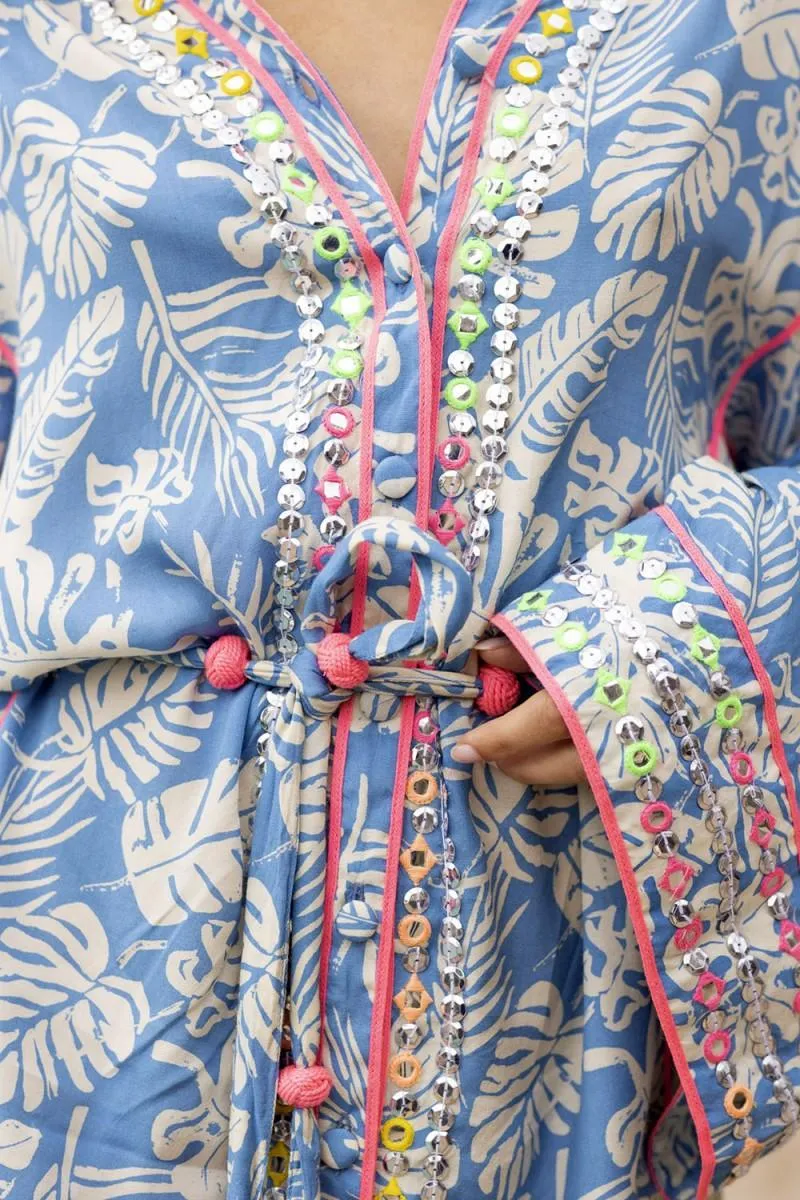 Blue Leaf Print Kimono Dress Milos