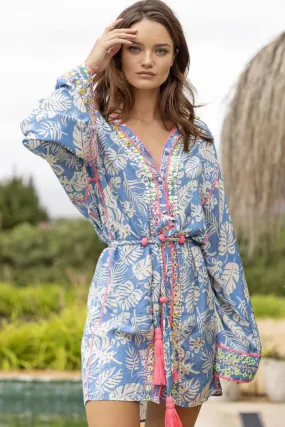 Blue Leaf Print Kimono Dress Milos