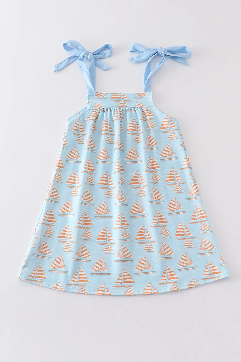 Blue sailboat print girl dress