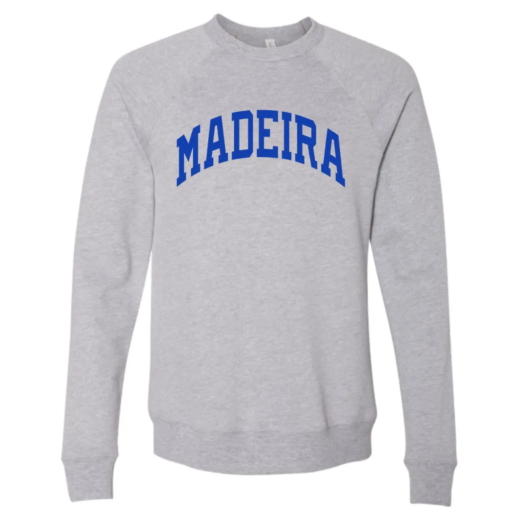 Curved Madeira Blue Sponge Fleece Raglan Sweatshirt on Athletic Gray