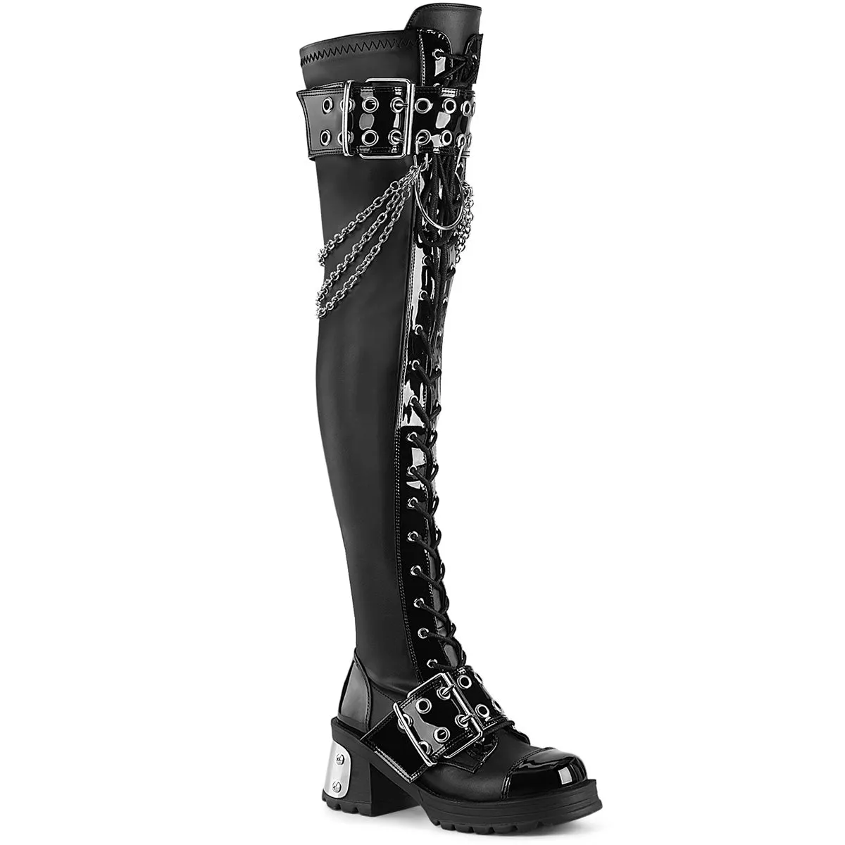 Demonia BRATTY-304 | Black Stretch V. Leather Above Knee Boots