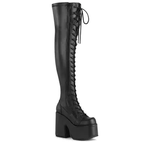 Demonia CAMEL-300 | Black Stretch Vegan Leather Above Knee Boots