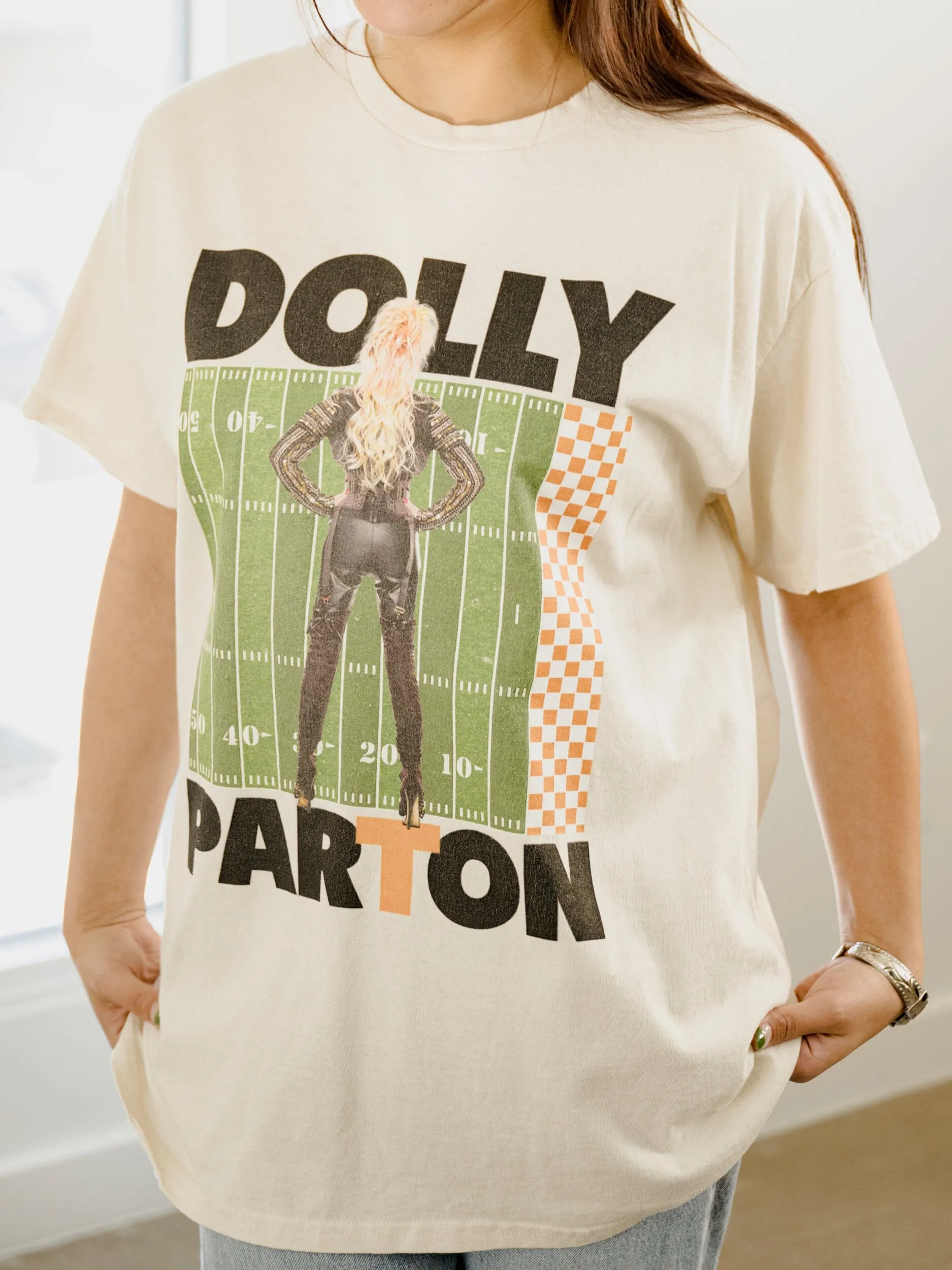 Dolly Parton Rockstar Vols Check Field Off White Thrifted Distressed Tee