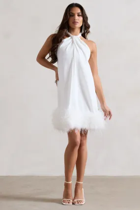 Femme | White Halter-Neck Smock Mini Dress With Feather Hem