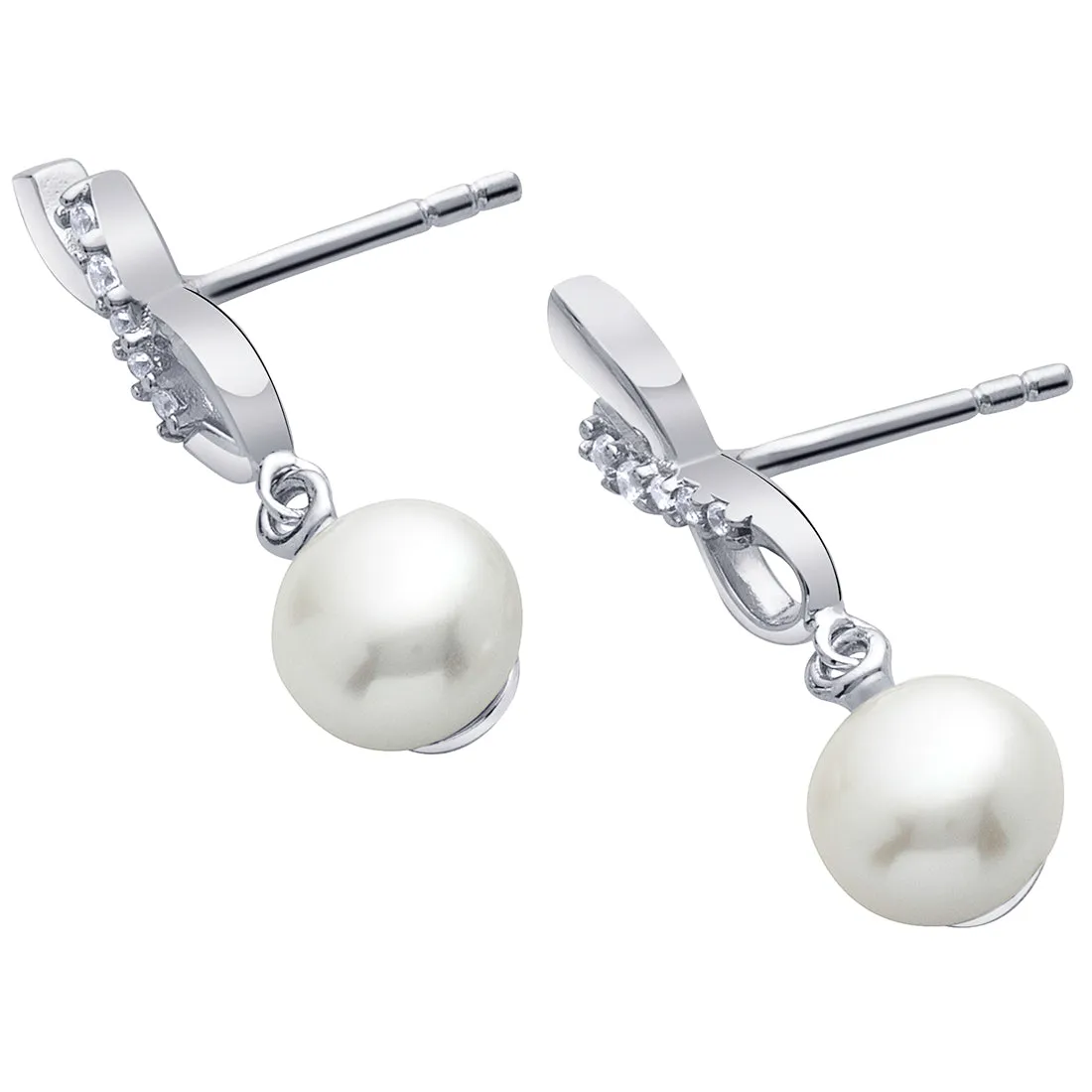 Freshwater Cultured White Pearl Dangle Earrings in Sterling Silver, Ribboned Infinity Design, 6.50mm Round Button Shape, Friction Backs