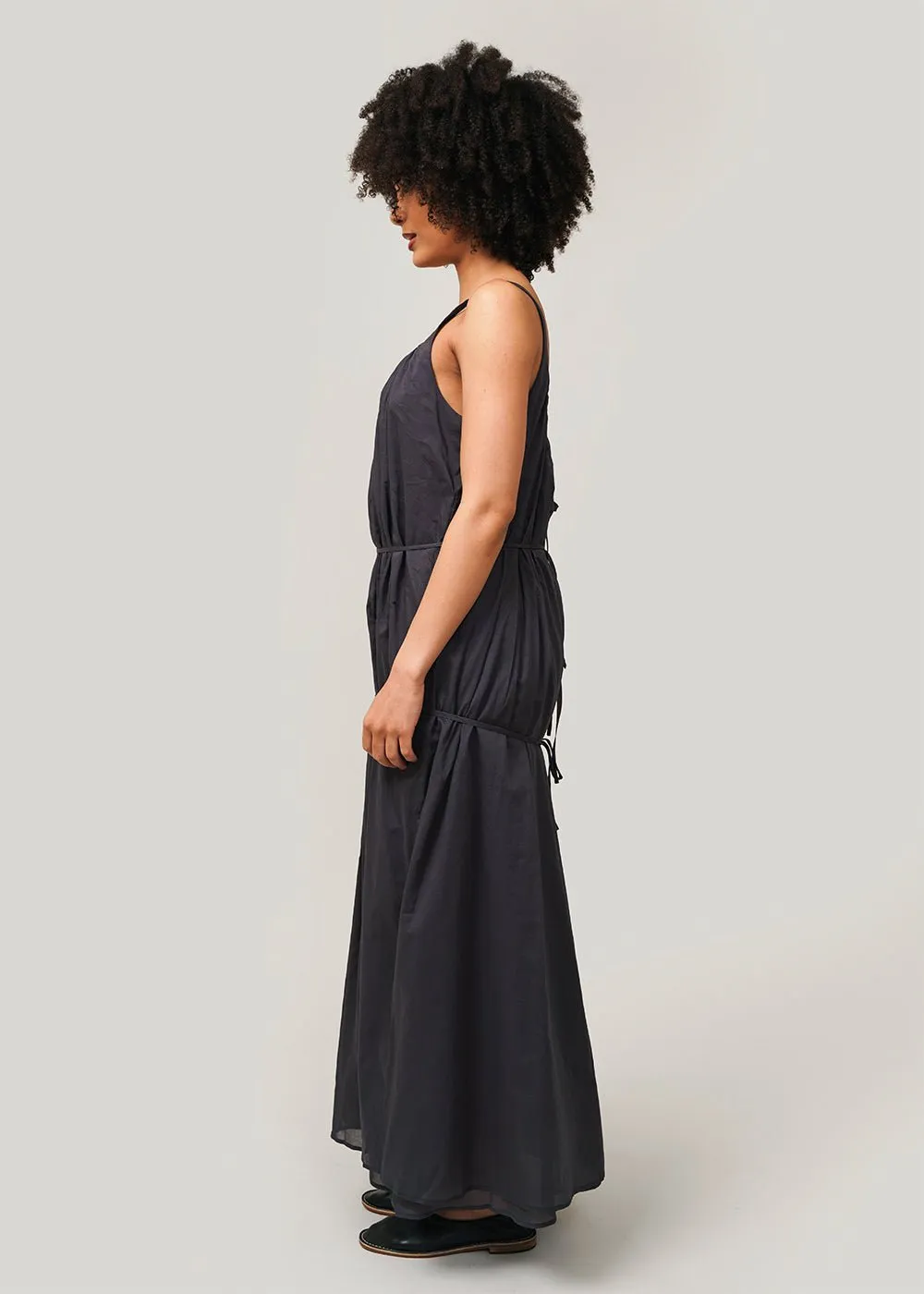 Navy Neck Shirring Sheer Long Dress