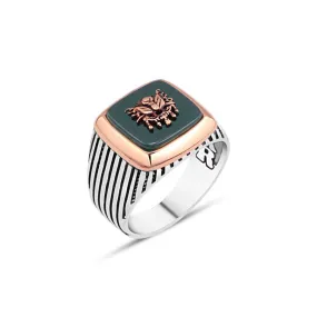 Ottoman State Coat of Arms on Green Square Agate Stone Silver Men's Ring with Stripe Pattern