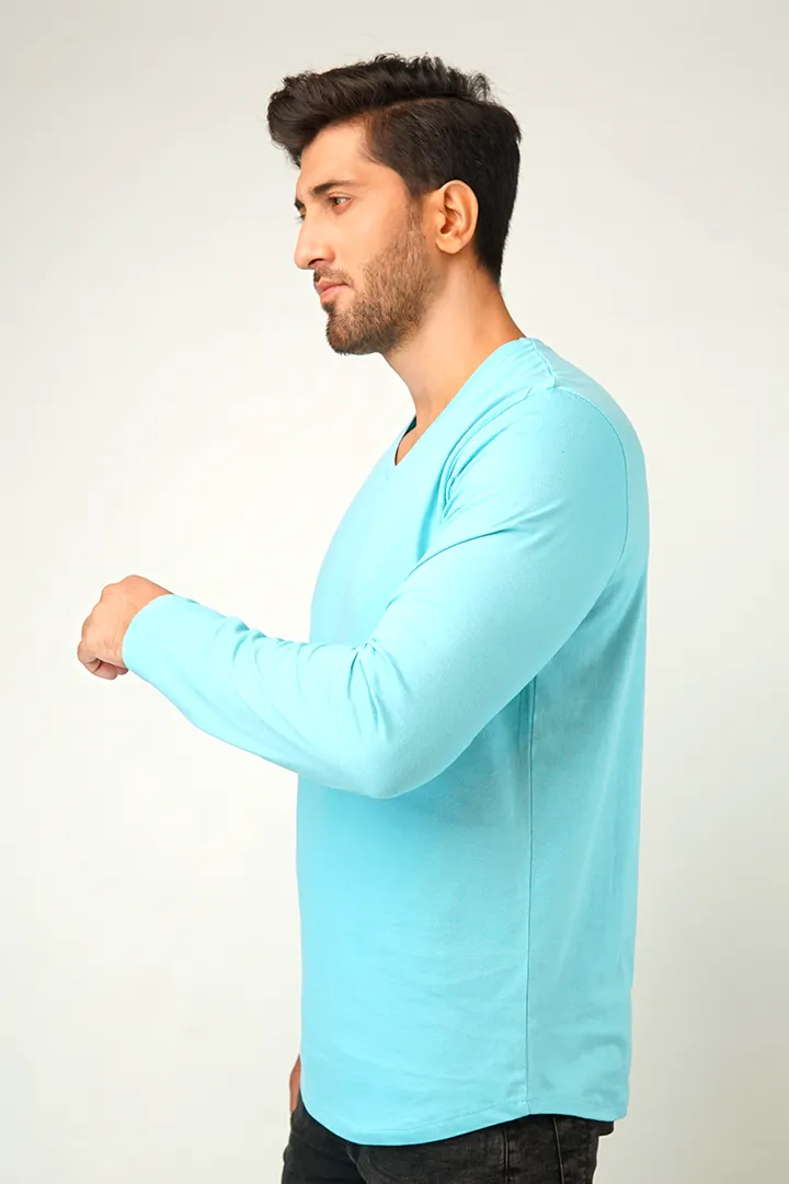 Pale Blue V-Neck Full Sleeve T-Shirt