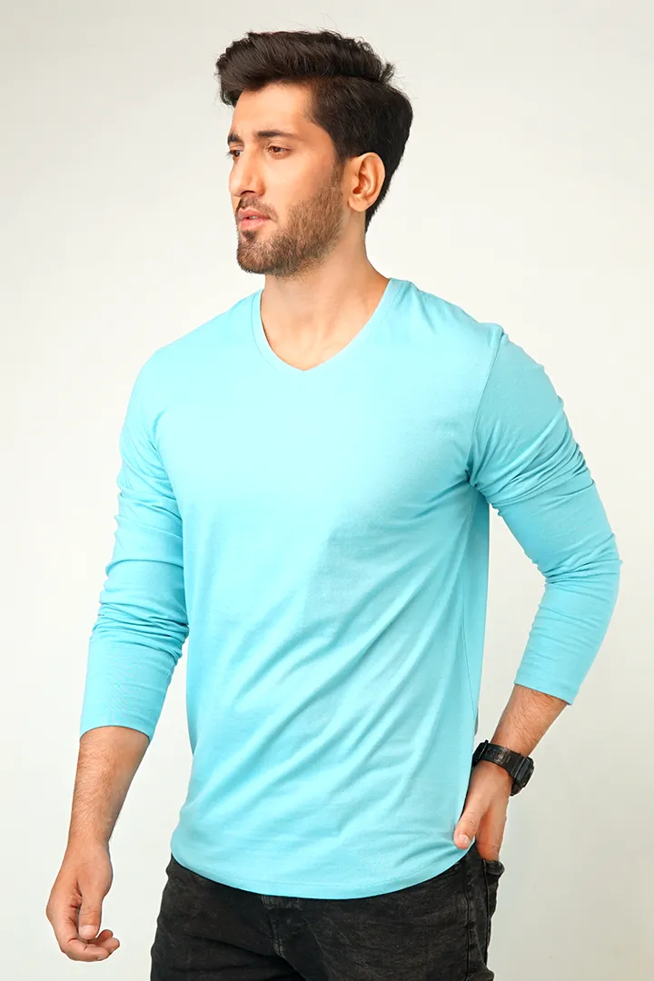 Pale Blue V-Neck Full Sleeve T-Shirt