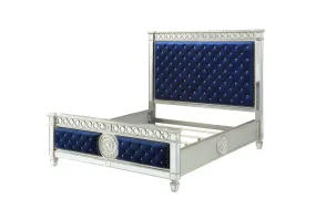 Queen Tufted Blue Upholstered Velvet Bed With Nailhead Trim