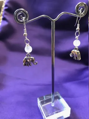 Silver Elephant Earrings with Clear Quartz Bead