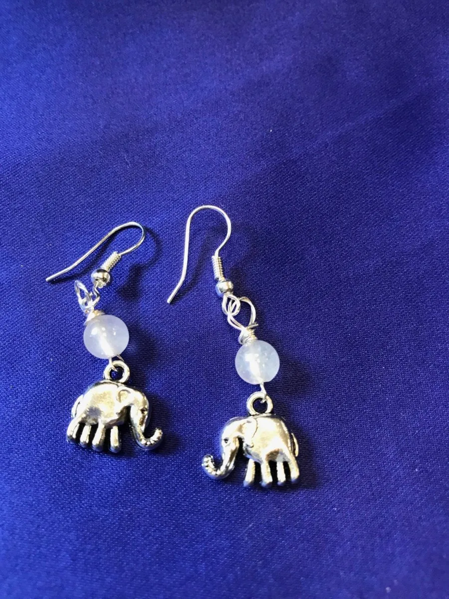 Silver Elephant Earrings with Clear Quartz Bead