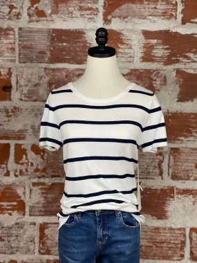 Simplicity Crew Neck Sweater Top in Navy & White Stripe