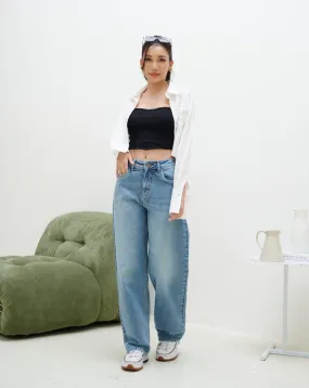 Stone Blue Korean Stretchable Wide Leg Jeans