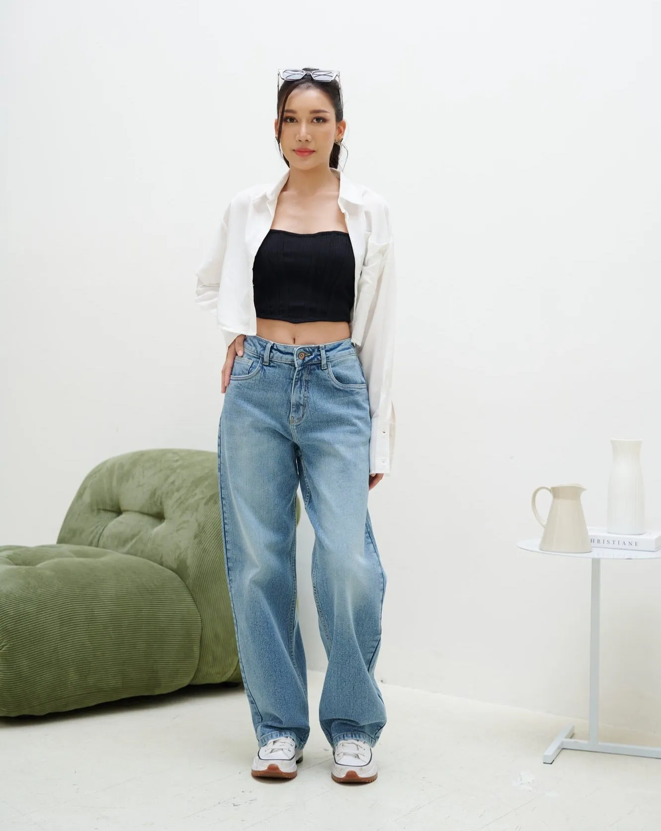 Stone Blue Korean Stretchable Wide Leg Jeans