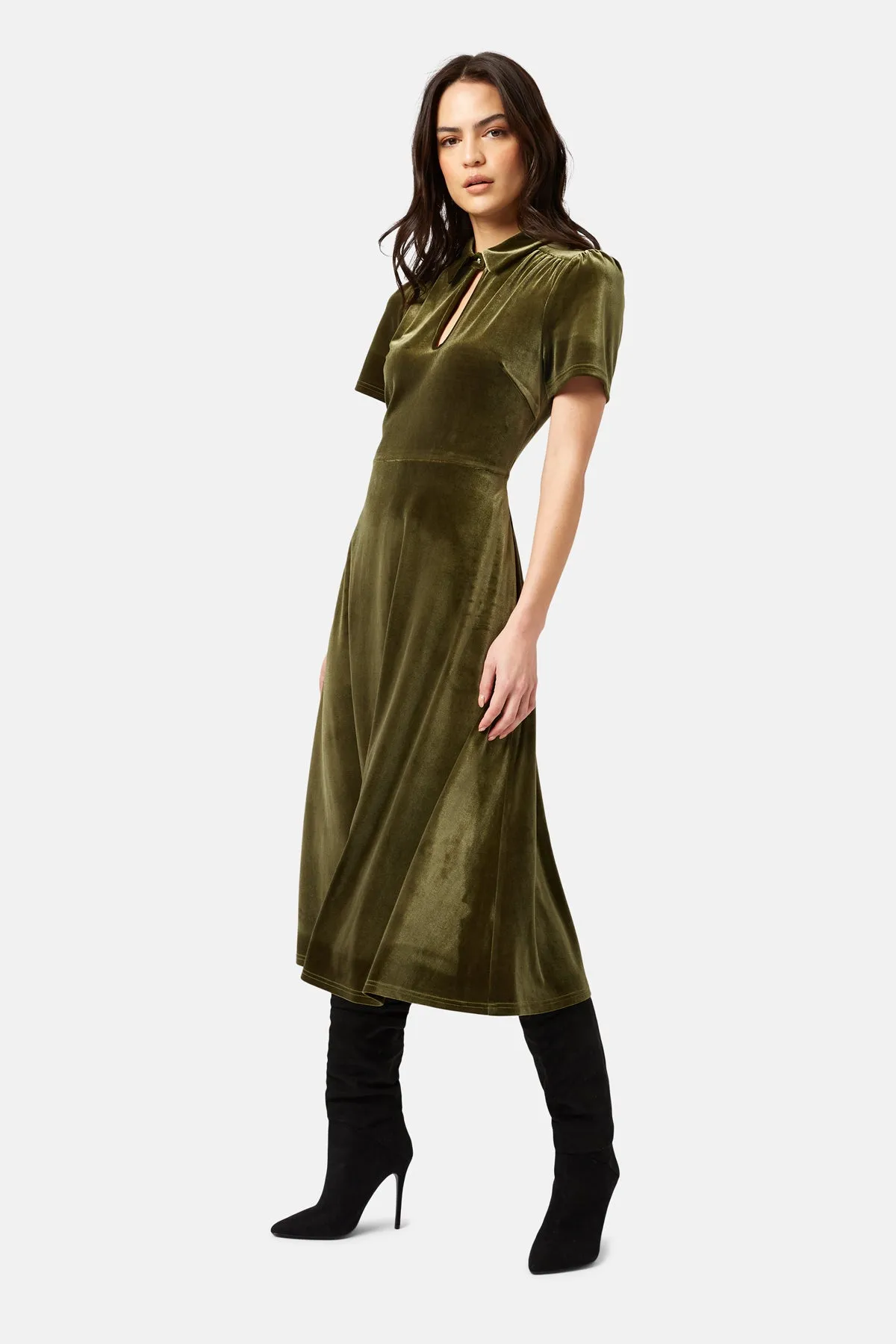 Traffic People  Never Say Goodbye Peep Midi Velvet Dress-Green-NSG12545018