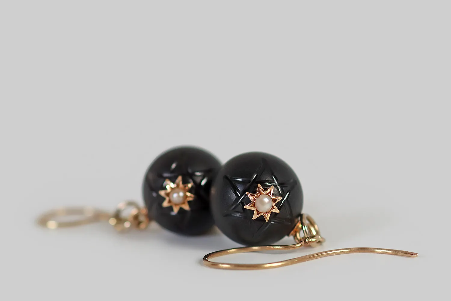 Victorian Black Onyx Star of David Orb Earrings