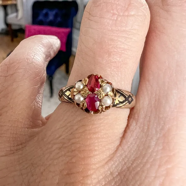 Victorian Ruby & Pearl Enamel Ring