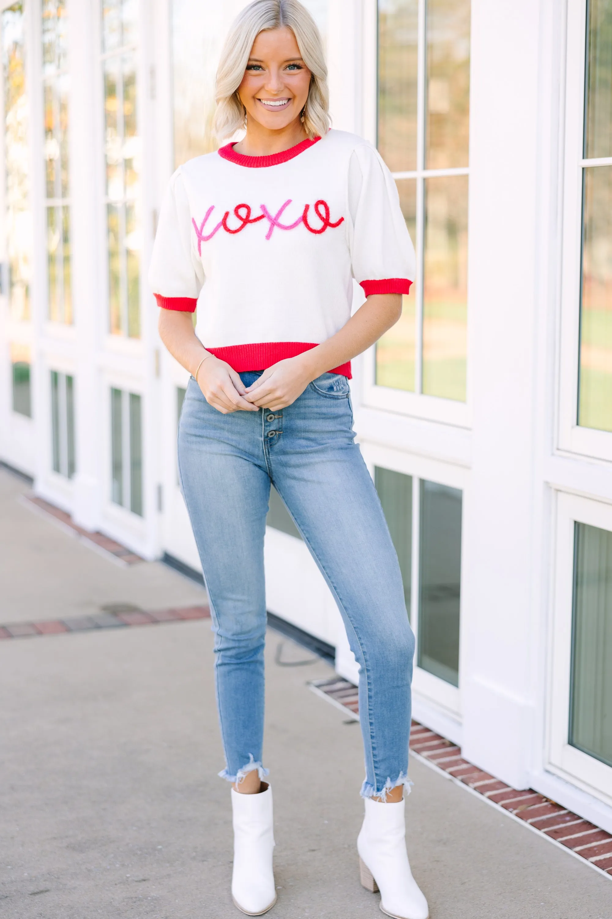 XOXO White Script Sweater